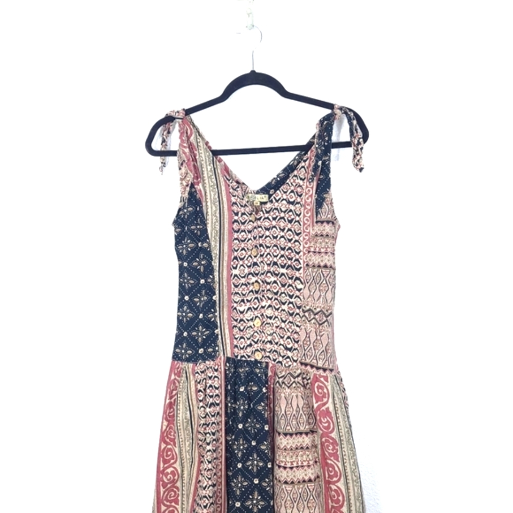 Boho Mixed Print Prairie Button Front Midi Dress - Picture 2 of 12